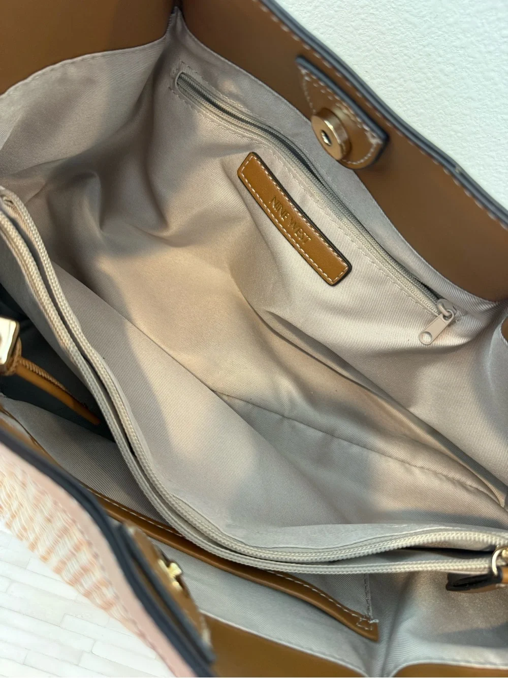 Nine West Woven Straw Tote with Brown Leather Trim